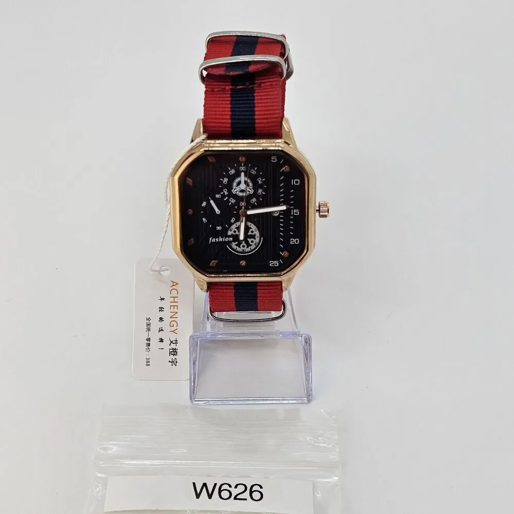 Men's Watch‎ 42MM Black Dial Gold Case Date Indicator Red Blue Canvas Band Strap